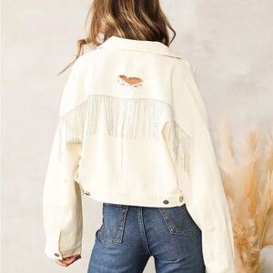 Rhinestone Fringe White Denim Crop Jacket